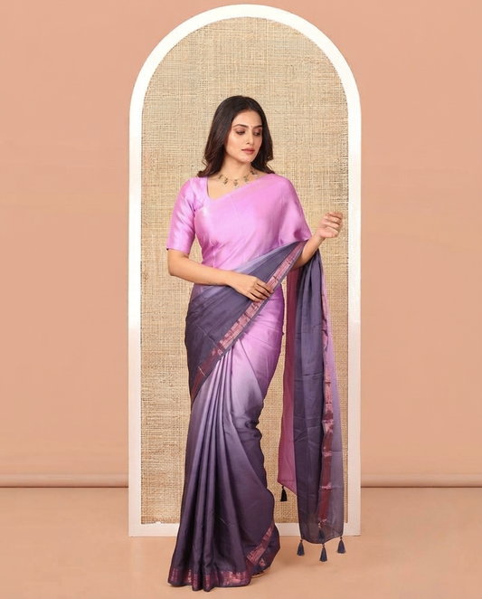 Violet Ombre Plain Satin Crepe Saree, Subtle Zari Border, Plain Pallu, and Comes without a Blouse