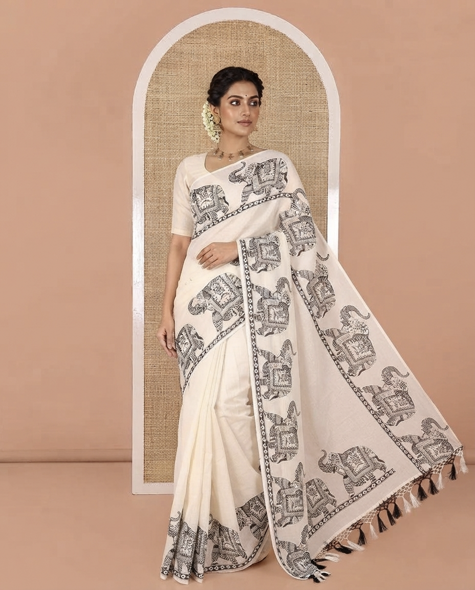 Cream Plain Kerala Cotton Saree, Artfully Printed with Elephant Motifs Border, Elephant Motifs Printed Pallu, and Paired with a Matching Blouse