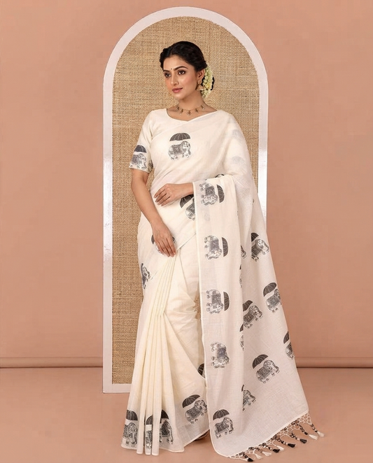 Cream Plain Kerala Cotton Saree, Creatively Printed with Elephant With Umbrella Motifs On Its Border, Pallu Steeped with Same Motifs Print, and Paired with a Matching Blouse