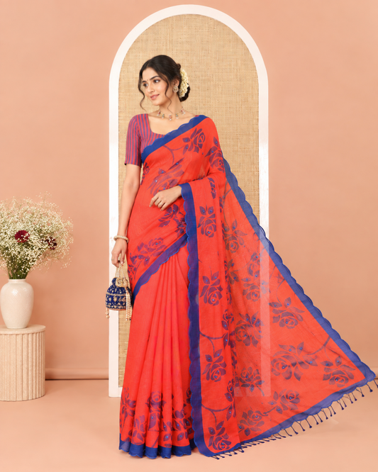 Red Linen Cotton Saree, Decorated with Floral Print and Mirror Work on Its Body, Complemented by Contrast Scallop Border, Pallu of Print and Mirror Work, and Paired with a Matching Blouse
