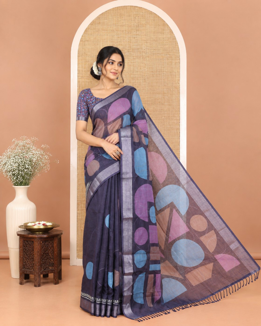 Blue Linen Cotton Saree, Steeped with Colorful Geometric Motifs Printed on Its Body, Highlighted by a Bavanji Zari Border, Geometric Motifs Printed Pallu, and Paired with a Printed Blouse