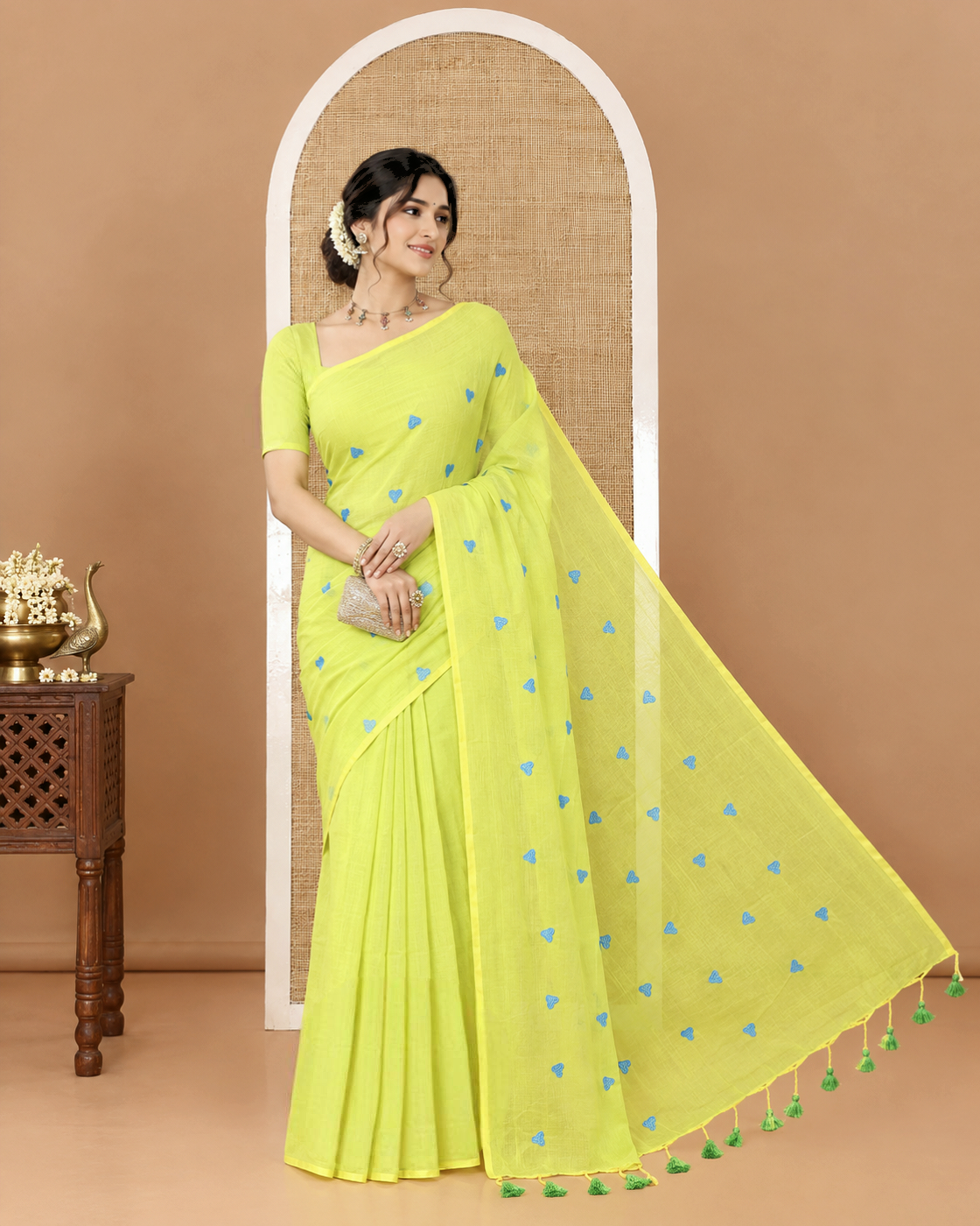 Borderless Parrot Green Khadi Mul Cotton Saree, Artfully Designed with Heart Motifs Embroidery Across Its Body, Pallu mirrors the Same Design, and Paired with a Matching Blouse