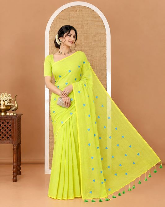 Borderless Parrot Green Khadi Mul Cotton Saree, Artfully Designed with Heart Motifs Embroidery Across Its Body, Pallu mirrors the Same Design, and Paired with a Matching Blouse