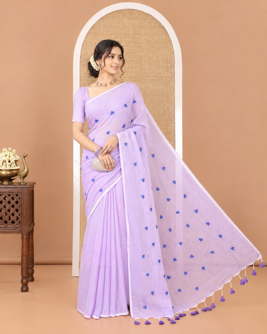 Borderless Lavender Khadi Mul Cotton Saree, Artfully Designed with Heart Motifs Embroidery Across Its Body, Pallu mirrors the Same Design, and Paired with a Matching Blouse