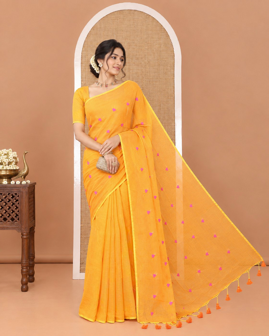 Borderless Orange Khadi Mul Cotton Saree, Artfully Designed with Heart Motifs Embroidery Across Its Body, Pallu mirrors the Same Design, and Paired with a Matching Blouse