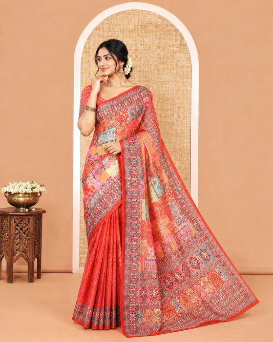 Red Masakali Saree, Opulently Embellished with Kaleidoscopic-Colored Intricate Motifs Print, and Mirror Work All Over Its Body, Printed Border, Intricately Printed Pallu, and Paired with a Matching Blouse
