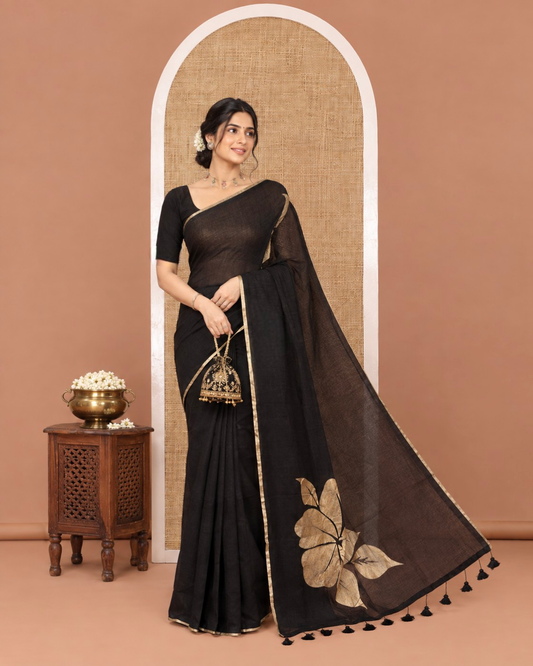 Borderless Black Khadi Mul Cotton Saree, Prettified with Big Hibiscus Floral Motifs Foil-Printed on Its Body, Subtly Sparkled Pallu of the Same Print and Tassels, and Paired with a Matching Blouse