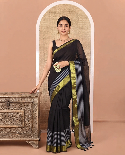 Black Plain Khadi Mul Cotton Saree, Subtly Woven Zari Border of Stripes, Plain Pallu, and Paired with a Matching Blouse