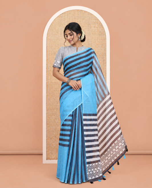 Borderless Blue Linen Cotton Saree, Ornamented with Stripes, a Self-Pallu of Stripes, and a Contrast Blouse