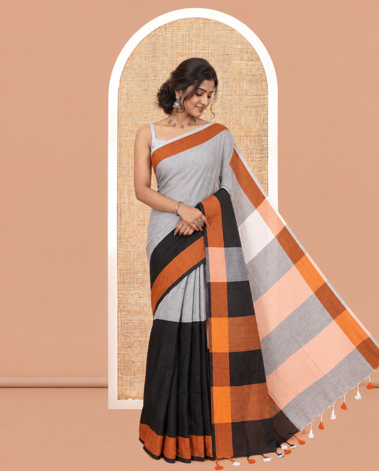 Grey-Black Half-And-Half Plain Khadi Cotton Saree, a Bavanji Border, Contrast Striped Pallu, No Blouse