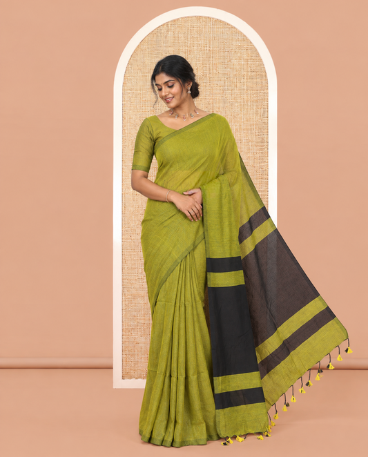 Borderless Yellow-Green Plain Khadi Cotton Saree, Contrast Pallu of Stripes, No Blouse
