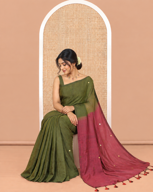 Borderless Olive Green Khadi Cotton Saree