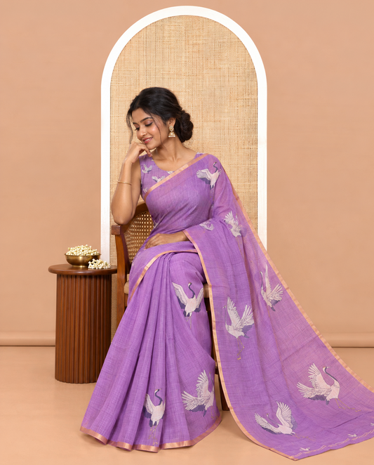 Borderless Violet Linen Cotton Saree, Adorned with Crane Motifs Print, and a Matching Blouse