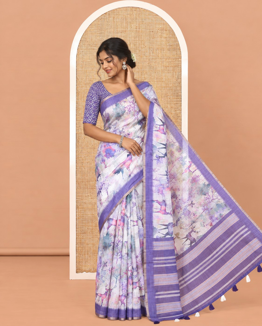 Violet Linen Cotton Saree, Bedecked with Floral and Deer Motifs Print, a Contrast Border, Striped Pallu, Contrast Blouse