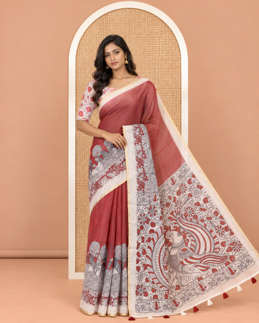 Maroon Linen Cotton Saree, Decked Up with Kalamkari Floral-Bird Print, Contrast Border, Kalamkari Peacock Pallu, a Contrast Blouse