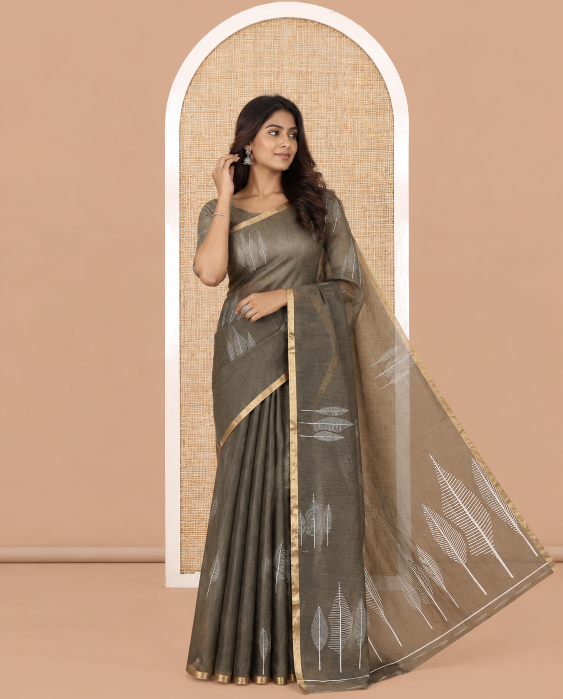 Olive Green Linen Cotton Saree Features Tree Print, a Zari Piping Border, and a Matching Blouse
