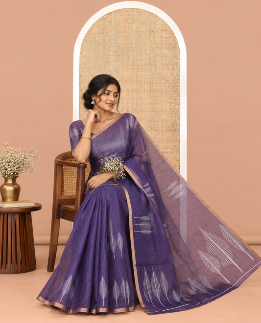 Violet Linen Cotton Saree Features Tree Print, a Zari Piping Border, and a Matching Blouse