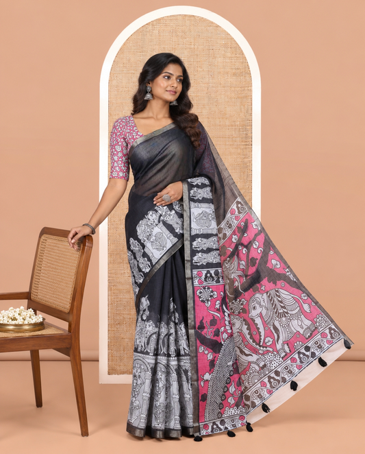 Black Linen Cotton Saree Features Kalamkari Human Figurines, a Piping Border, Kalamkari Pallu, Contrast Blouse