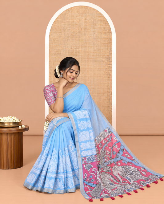 Blue Linen Cotton Saree Features Kalamkari Human Figurines, a Piping Border, Kalamkari Pallu, Contrast Blouse
