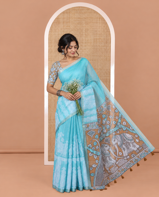 Teal Blue Linen Cotton Saree Features Kalamkari Human Figurines, a Piping Border, Kalamkari Pallu, Contrast Blouse