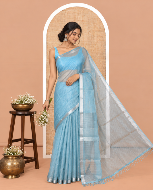 Blue Semi-Organza Chex Saree