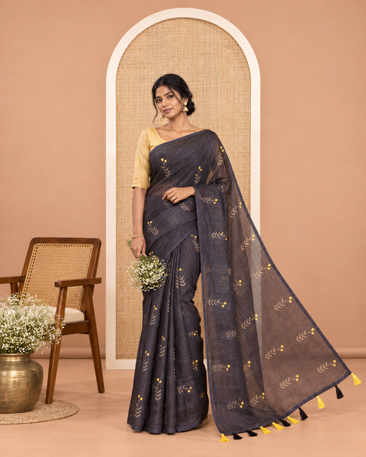 Borderless Black-Yellow Linen Cotton Saree
