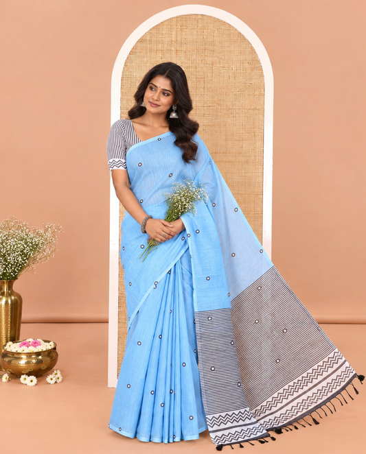 Borderless Blue Linen Cotton Saree, Adorned with Polka Dot Print, Contrast Geometric Printed Pallu, and Paired with a Contrast Blouse