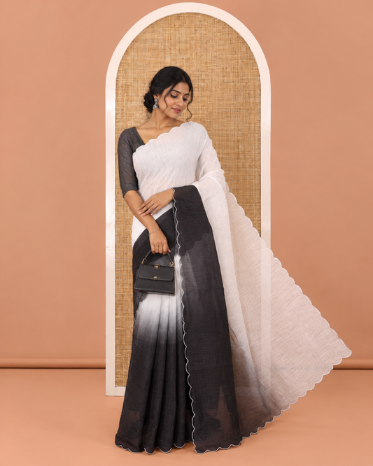Black and White Ombre Dyed Linen Cotton Saree, Subtle Scallop Border, Paired with a Face Printed Blouse