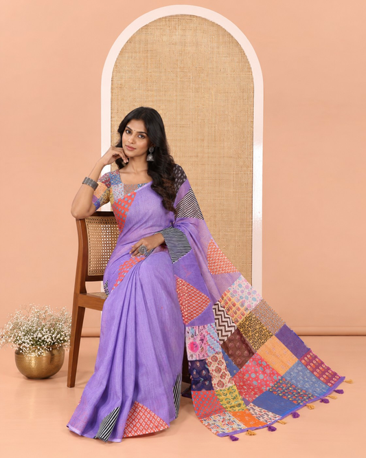Lavender Plain Linen Cotton Saree, Complemented by a Contrast-Colored Triangle on Its Border, Kaleidoscopic-Color Patchwork Pallu, and Paired with a Contrast Blouse