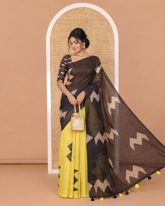 Borderless black-yellow zig-zag stripes half-and-half style printed linen cotton saree with a matching printed blouse