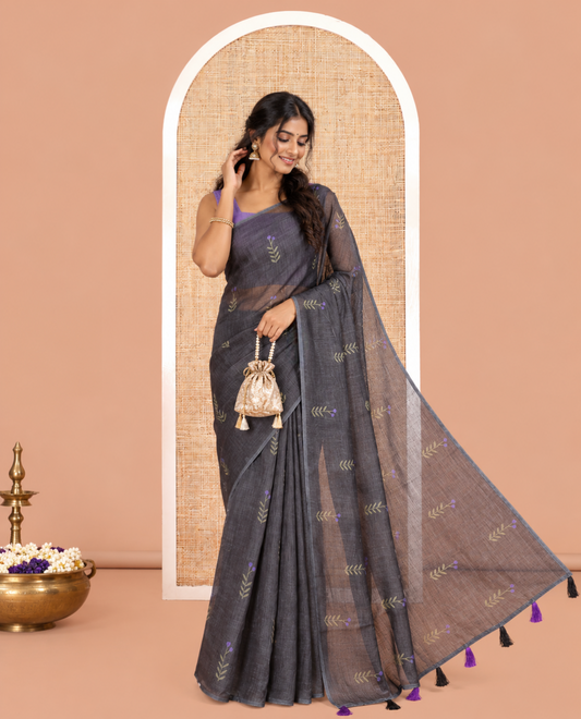 Borderless Black-Violet Linen Cotton Saree