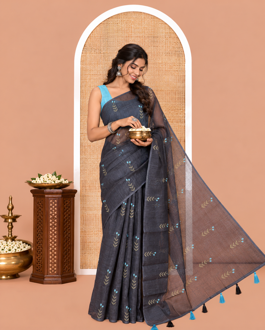 Borderless Black-Blue Linen Cotton Saree
