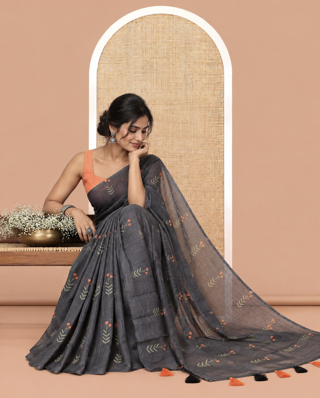 Borderless Black-Orange Linen Cotton Saree