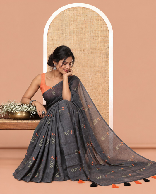 Borderless Black-Orange Linen Cotton Saree