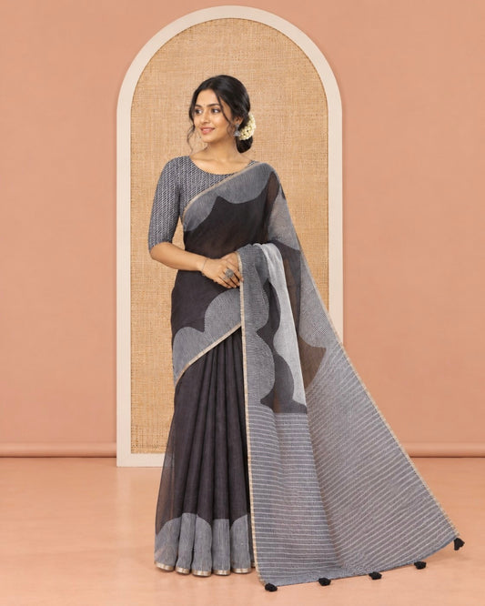 Black Plain Linen Cotton Saree