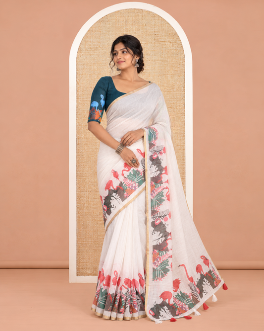 White Plain Linen Cotton Saree
