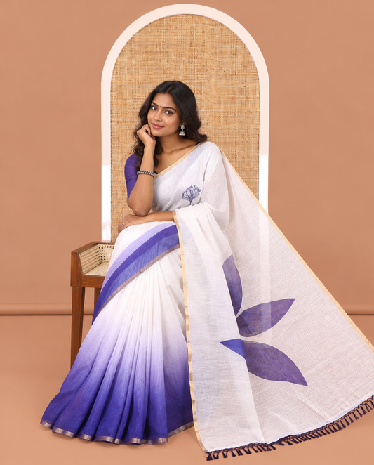 White-Blue Linen Cotton Saree Features Floral Print, Ombre-Style Dual-Color, a Piping Border, and a Contrast Blouse