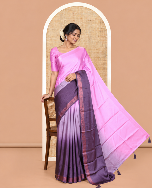 Pink-Wine Plain Ombre-Style Satin Crepe Saree
