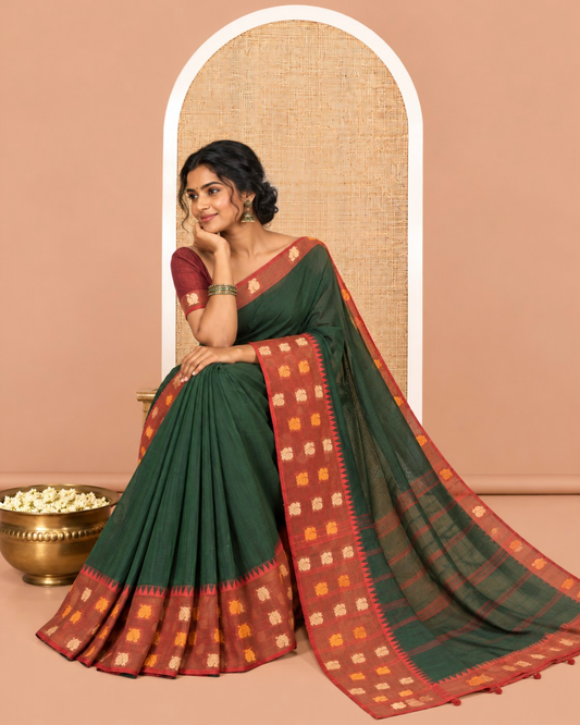 Bottle Green Plain Chettinad Cotton Saree