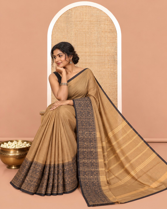 Golden Brown Plain Chettinad Cotton Saree