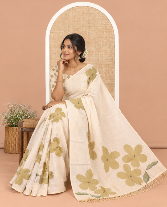 Borderless Cream-Mehendi Tissue Cotton Saree