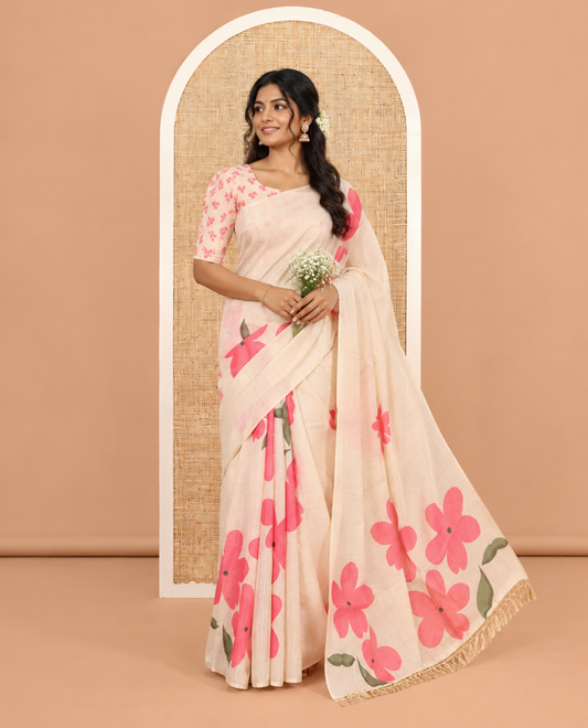 Borderless Cream-Pink Tissue Cotton Saree