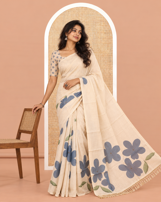 Borderless Cream-Blue Tissue Cotton Saree