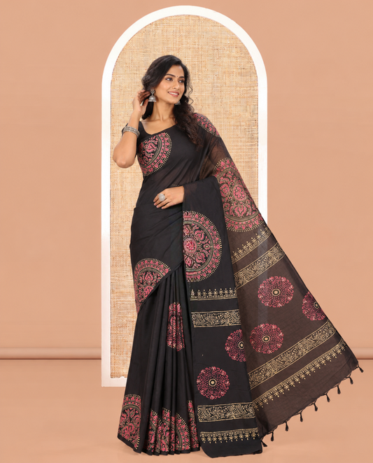 Black Plain South Cotton Saree