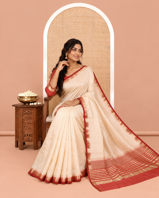 Cream-Maroon Plain Art Tussar Saree