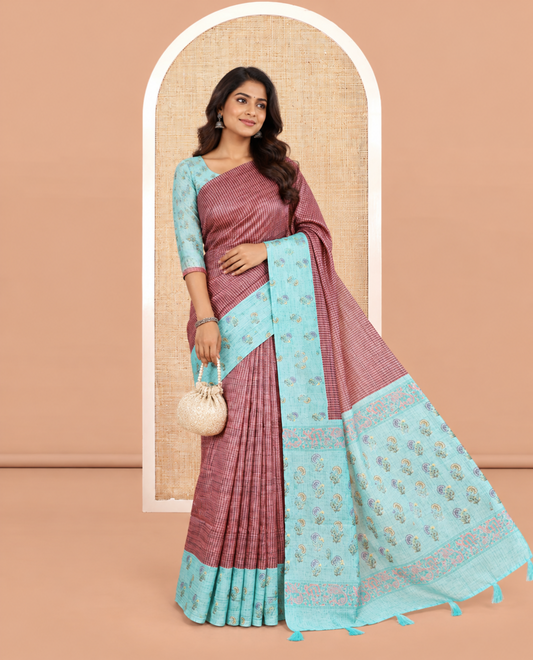Rust Pink Semi-Tussar Saree