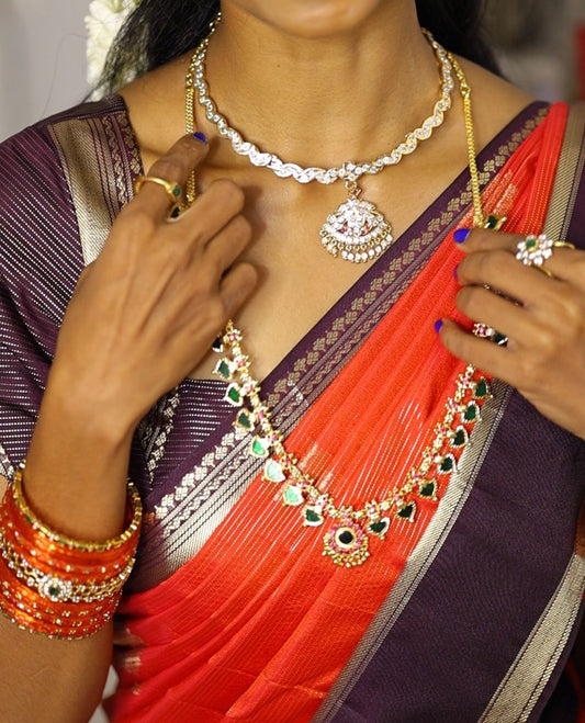 Orange-Brown Zari Design Budget Silk Saree,Contrast Rettai Pettu Border, and Contrast Blouse