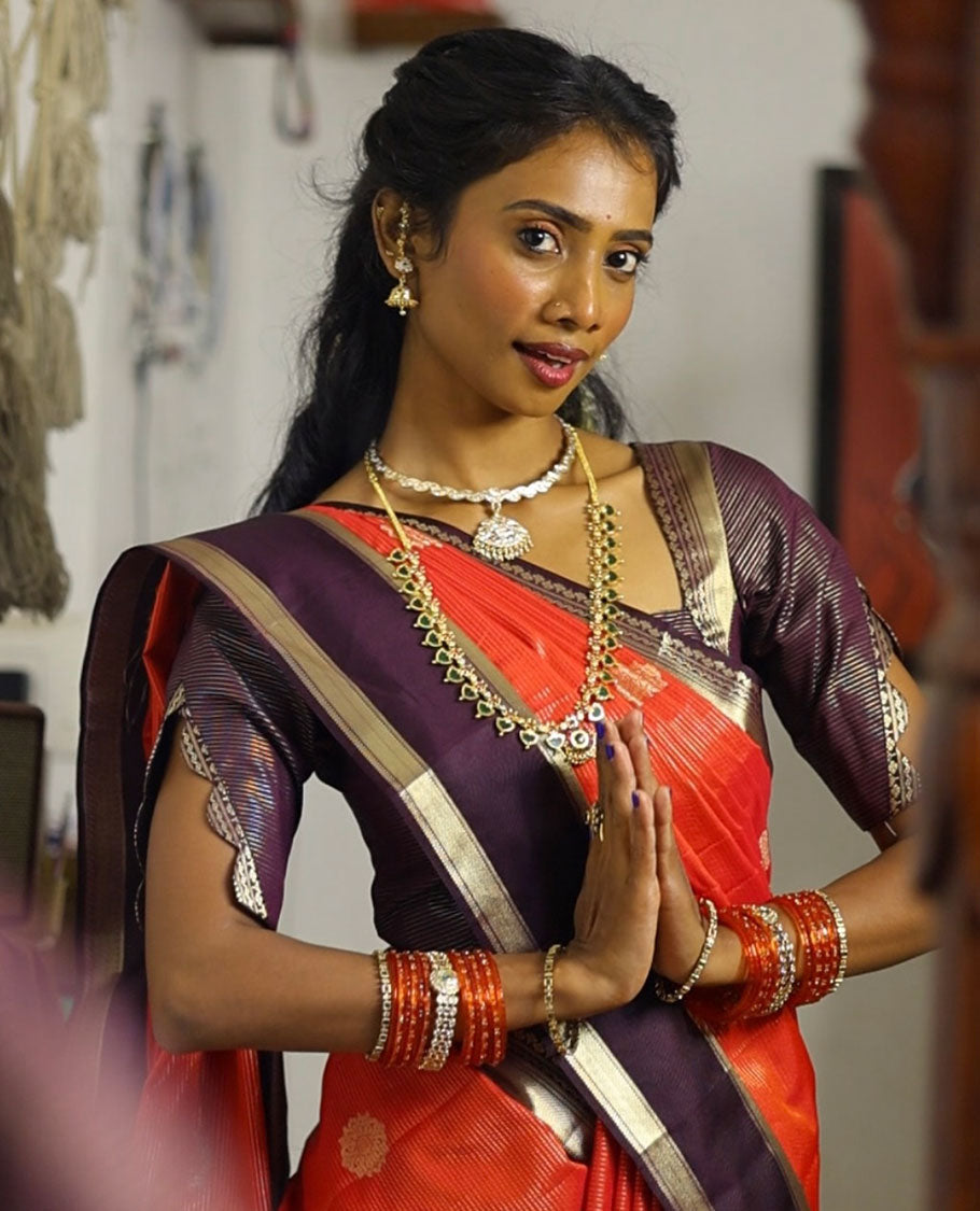 Orange-Brown Zari Design Budget Silk Saree,Contrast Rettai Pettu Border, and Contrast Blouse