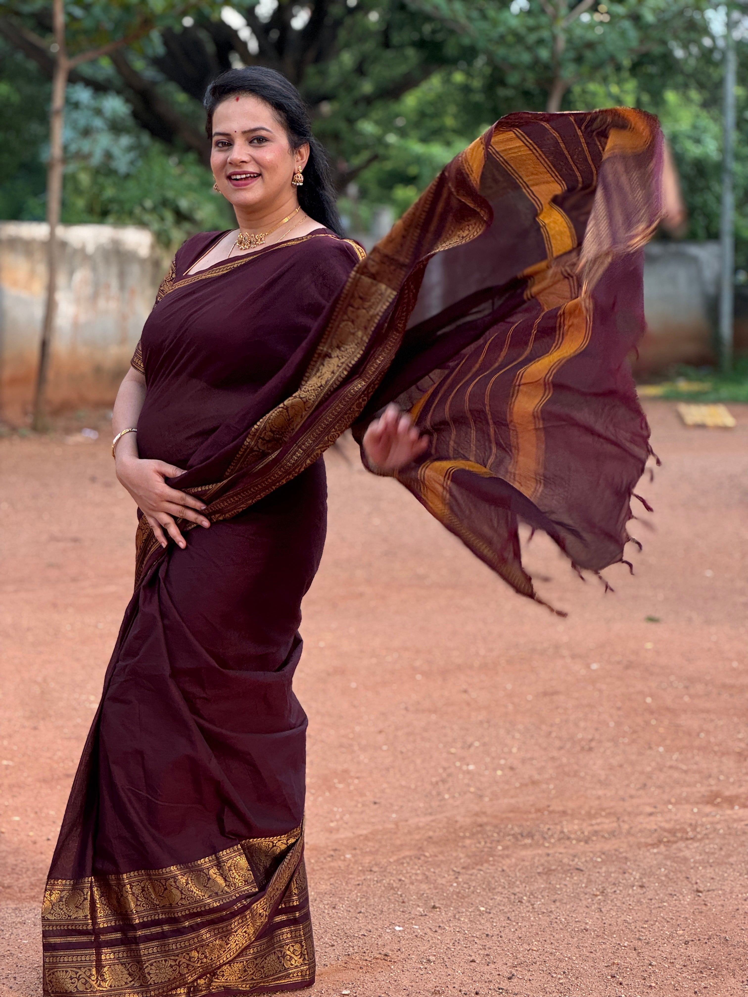 Maroon Plain Chettinad Cotton Saree, Highlighted by Self-Border of Traditional Zari Designs, Subtly Striped Pallu, and Paired with a Matching Blouse