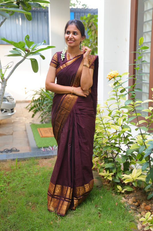 Maroon Plain Chettinad Cotton Saree, Highlighted by a Traditional Zari Border, Striped Pallu, and a Matching Blouse